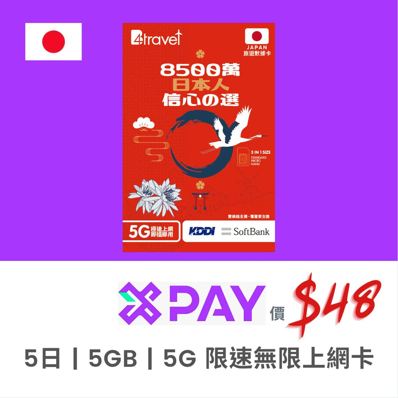 【X Pay 專用優惠】B4travel 日本 5天 5GB 高速 5G 上網卡